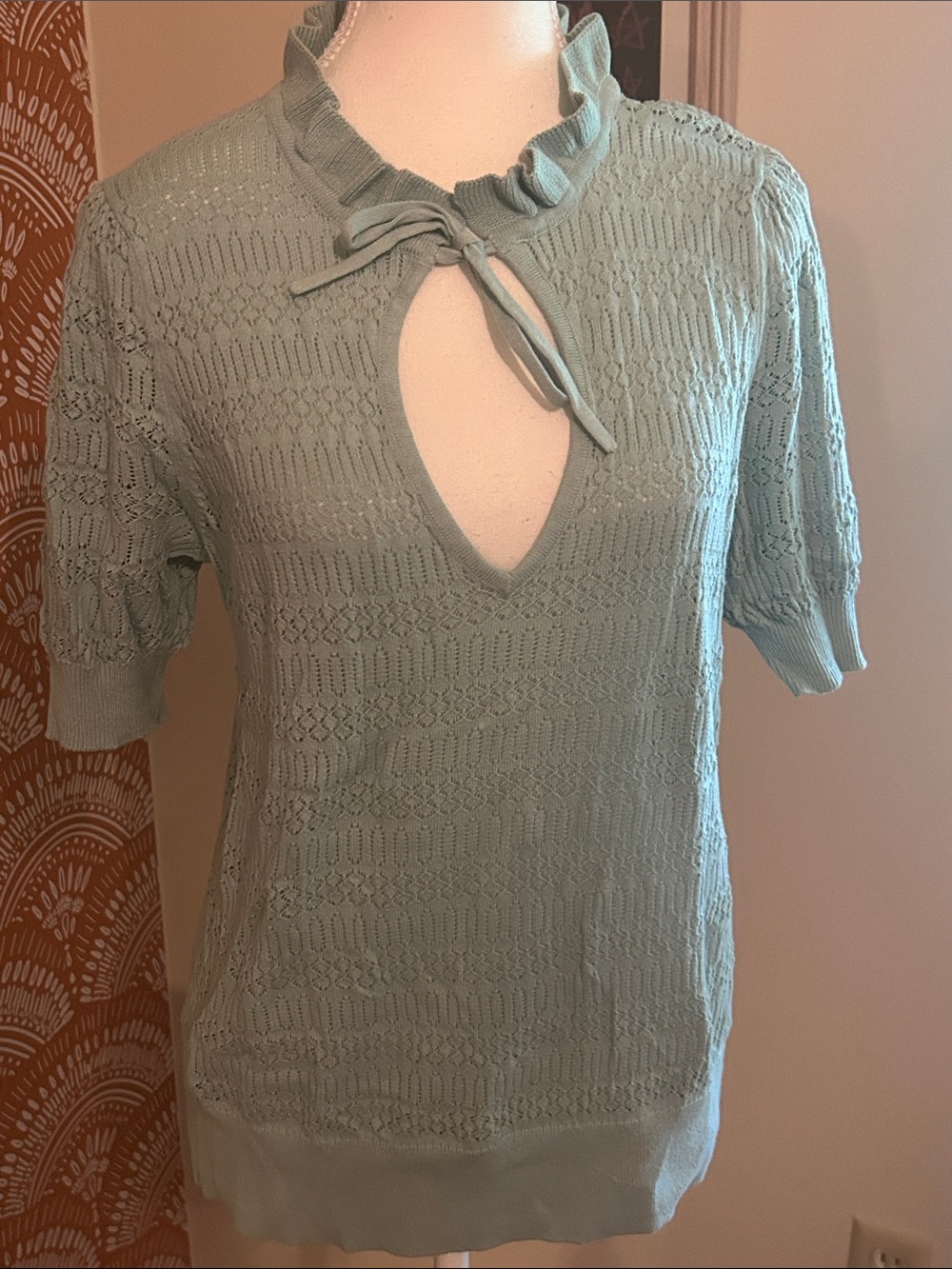 LOFT Seafoam Green Ruffle Tie-Neck Short Sleeve Knit Top
